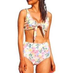 Jollkichay Pastel Floral Print Tie Knot Top with High Waisted Bikini Bottom L/XL
